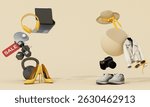Minimal composition with shopping items and a small red sale tag, blending lifestyle and fashion essentials. 3d rendering.