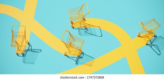 Minimal Composition For Shopping And Supermarket Concept. Yellow Shopping Cart Trolley And Yellow Path On Blue Background. 3d Rendering Illustration.