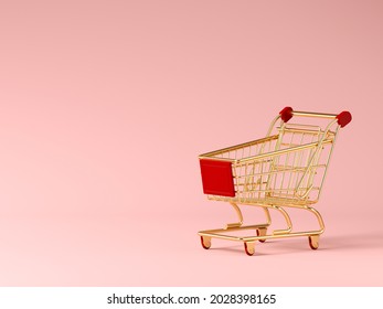 Minimal Composition For Shopping And Supermarket Concept. Golden Shopping Cart Trolley On Pink Background. 3d Rendering Illustration. Clipping Path Of Each Element Included.