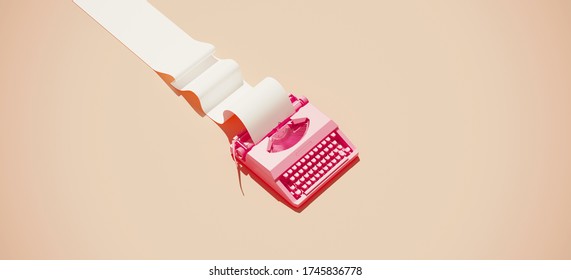 Minimal composition for social media and workplace concept. Pink vintage typewriter machine and paper roll on pastel background. 3d rendering illustration.