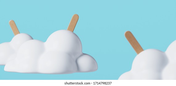 Minimal composition for summer concept. White cloud Popsicle ice cream on blue background. 3d rendering illustration.
