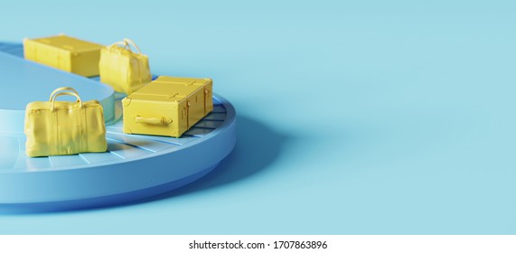 Minimal composition for travel journey concept. Yellow luggage on blue airport conveyor belt. 3d rendering illustration.