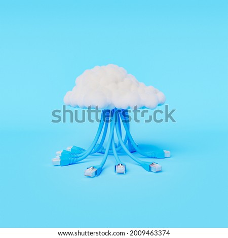 minimal concept of cloud connectivity. ethernet cables connected to a cloud on a blue background. 3d render