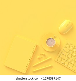 Minimal Concept. Coffee Milk  In Yellow Cup Beside Keyboard With Notebook,pen And Earphone On Work Desk Yellow Pastel Color, 3d Render.