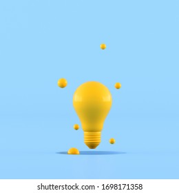 Minimal Concept Idea Of Yellow Light Bulb Surround With Small Ball On Blue Background. 3D Rendering.