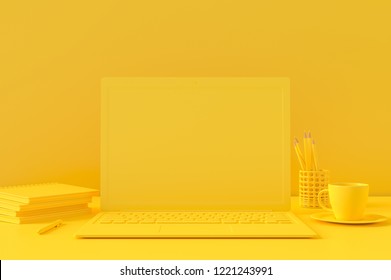 Minimal Concept, Laptop On Table Work Desk Yellow Color And Mock-up For Your Text With Notebook Cup Coffee Mouse Sunglasses And Clock. 3d Render.