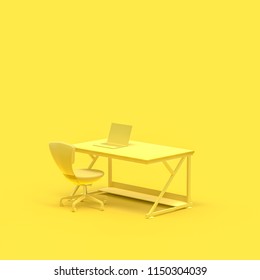 Minimal Concept, Work Desk And Laptop On Table And Chair Yellow Color Background. 3d Render.