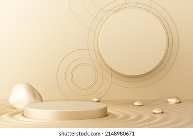 Minimal Concept Zen Garden Beige Gold Wall Round Circle Modern Water Ripple Life Stone Rock Sand Product Cosmetic Stand Platform Landscape Essence Nature Symbolic Purity Emptiness. 3D Illustration.