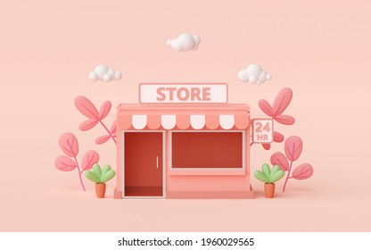 Minimal convenience store building with pink background, 3d illustration