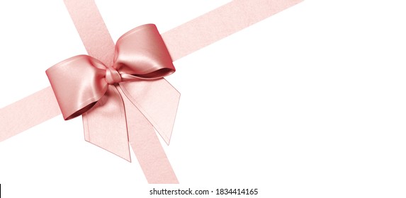 Minimal copy space for Christmas, New year and holiday season. Pink ribbon bow isolate on white background. 3d render illustration. Clipping path of each element included.