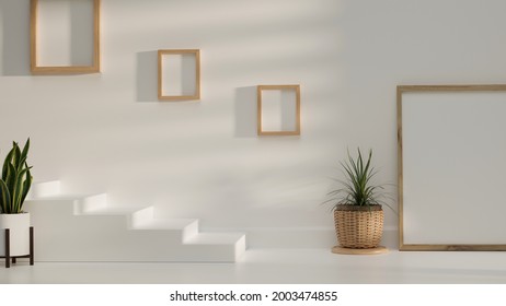 Minimal Copy Space Design With Picture Frames, Plants, White Wall And White Stairs 3D Rendering, 3D Illustration