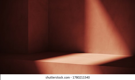 Minimal cosmetic background for product presentation. Sunshade shadow on red plaster wall. 3d render illustration. 