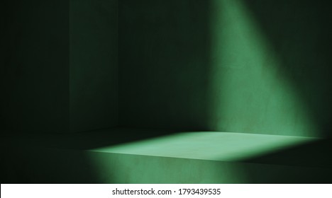 Minimal cosmetic background for product presentation. Sunshade shadow on green plaster wall. 3d render illustration. 