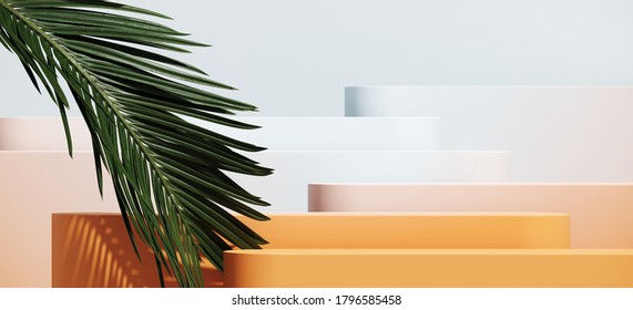 Minimal cosmetic background for product presentation  Gradient color podium   green palm leaf blue background  3d render illustration  Object isolate clipping path included 