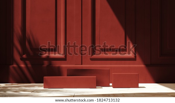 Minimal cosmetic background for\
product presentation. Red podium on red molding panel background.\
3d render illustration. Clipping path of each element\
included.