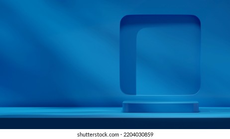 Minimal empty scene 3d rendering template mockup dark blue podium in landscape layout