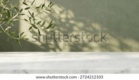 Minimal empty white marble counter table top, tree branches in sunlight, leaf shadow on olive green wall, background for cosmetic, skincare, beauty treatment product display