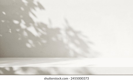 Minimal empty white stone countertop counter in sunlight, leaf foliage shadow on gray polished cement wall for luxury organic cosmetic, skincare, body care, beauty treatment product background 3D