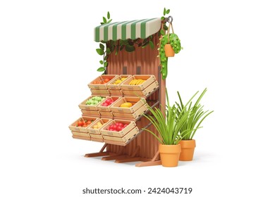 Minimal farmer street market stand with wooden boxes fresh ripe fruits yellow apples pears bananas oranges, tangerines, melons, red pomegranates, green potted plants. 3d render isolated white backdrop - Powered by Shutterstock