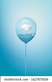 Minimal Flying Balloon Concept With White Cloud Inside. Surreal Cloud Above Water  Idea On Blue Background. 3D Illustration. 