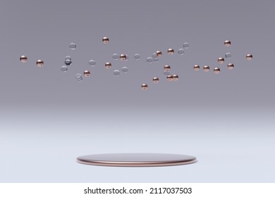 Minimal geometric background with round podium and golden bubbles isolated on lighten background. Geometric shapes. 3d rendering. Scene with pedestal and clean background for promotion product. - Shutterstock ID 2117037503