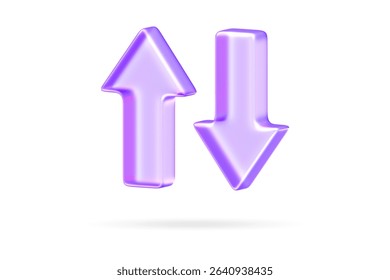 Minimal glassmorphism arrows pointing up and down representing direction, navigation, or data flow, 3d rendering
