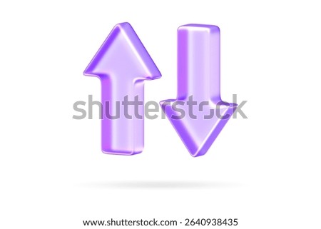 Minimal glassmorphism arrows pointing up and down representing direction, navigation, or data flow, 3d rendering