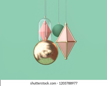 minimal gold pink ball hanging christmas decoration concept 3d rendering green background