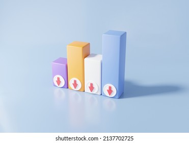 Minimal Graph Dropping, Chart Down Arrow With Isometric Investment Exchange, Finance Business Economics Education Cost Reduction Saving Concept. 3d Render Illustration