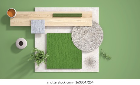Minimal green background with copy space, marble limestone and granite slabs, wooden plank, cutting board, rosemary and pepper and decors. Kitchen interior design concept, mood board, 3d illustration - Shutterstock ID 1638047254