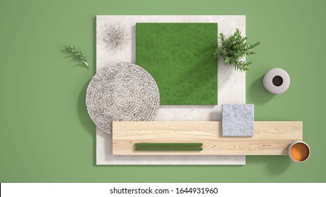 Minimal green background with copy space, marble limestone and granite slabs, wooden plank, cutting board, rosemary and pepper and decors. Kitchen interior design concept, mood board, 3d illustration - Shutterstock ID 1644931960