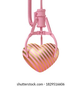 Minimal happiness object for love, wedding and valentine concept. Pink with gold stripe heart catch claw machine on white background. 3d rendering illustration. Clipping path of each element included.