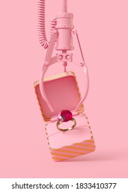 Minimal happiness object for love, wedding and valentine concept. Pink ring catch claw machine on pink background. 3d rendering illustration. Clipping path of each element included.