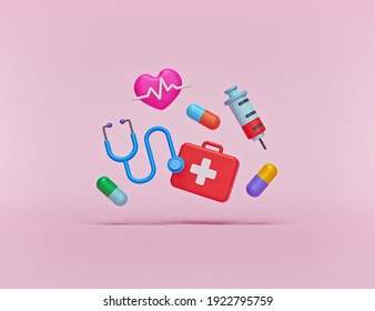 minimal health   medical related objects cartoon style design  first aid box  Medicine capsules  stethoscope  Syringe injection  heartbeat  3d rendering