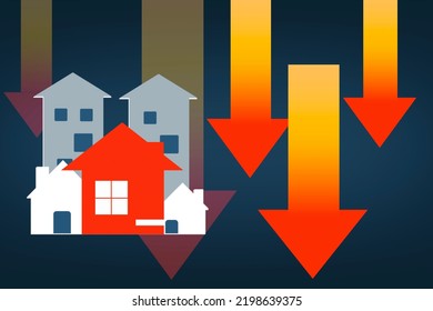 Minimal House, Apartment Building With Red Arrow Down. Lower Mortgage Interest Rates. Falling Prices For Rental Housing And Apartments. Reducing Demand For Home Buying, Low Cost Real Estate Concept