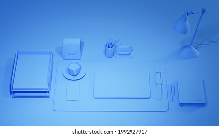 Minimal idea concept for study desk and workspace with laptop, notebook, coffee, smartphone and supplies. Top view. Flat lay style. Mockup template, 3d render