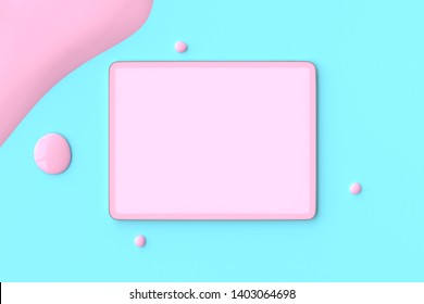 Minimal Idea Concept. Tablet Pink Color Mockup On Blue Background, 3D Render.