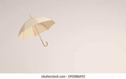 Minimal Idea Floating Beige Umbrella On Front And Top View. Classic Accessory For Rain Protection In Spring, Autumn Or Monsoon Season, Copy Space For Your Text. 3d Rendering  