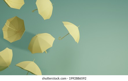 Minimal Idea Floating Yellow Umbrella On Front And Top View. Classic Accessory For Rain Protection In Spring, Autumn Or Monsoon Season, Copy Space For Your Text. 3d Rendering  