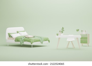 Minimal Idea For Work At Home In Pastel Green And White, Beige Color With Furnitures, Study Desk, Bed And Plant.  Healthy Lifestyle. 3D Render.
