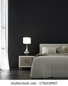 Minimal Interior Of Bedroom Design And Black Wall Background /3D Rendering