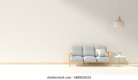 Minimal Interior Design Room With Sofa, Low Table, Decoration Plant And Japan Style Design Hanging Lamp Light In Wall.3D Rendering Interior Design. Modern Living Room Japanese Style.3D Rendering