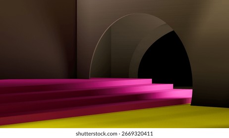 Minimal interior with a soft arch and hot‑pink steps leading into darkness, set on a mustard floor—bold geometry and playful modern color blocking.