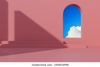 Minimal interior space with geometric form and pastels color,Sun light cast the shadow on wall with blue sky background. 3D rendering.