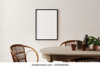 Minimal interior template. Mockup poster frame with wooden table 
 and rattan chair on white background. 3d rendering illustration. Clipping path included.