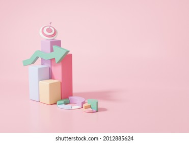 Minimal Isometric Data Analytics Growth Statistics Finance Chart Graph Optimization Stock Market To Invest Business Development Concept. Embroidered Arrow Target Planning. 3D Render Illustration 