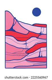 A Minimal Landscape Painting Of Geological Rock Strata Cross Section With Sun Moon Orb In Blue Red And Pink