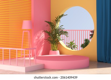 minimal landscape Scene background with pink pedestal, pastel podium display platform, 3d rendering.