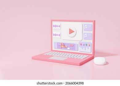 Minimal laptop mockup Video Editing and Cuts Footage Sound Music via computer isometric Cartoon cute smooth on pink background, motion, vlog, movie, 3d render illustration
