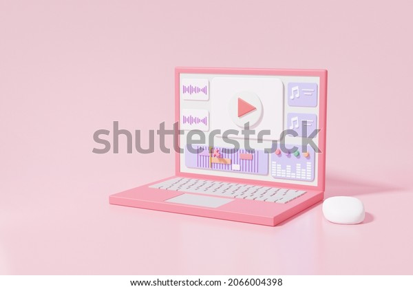 Minimal laptop mockup\
Video Editing and Cuts Footage Sound Music via computer isometric\
Cartoon cute smooth on pink background, motion, vlog, movie, 3d\
render\
illustration